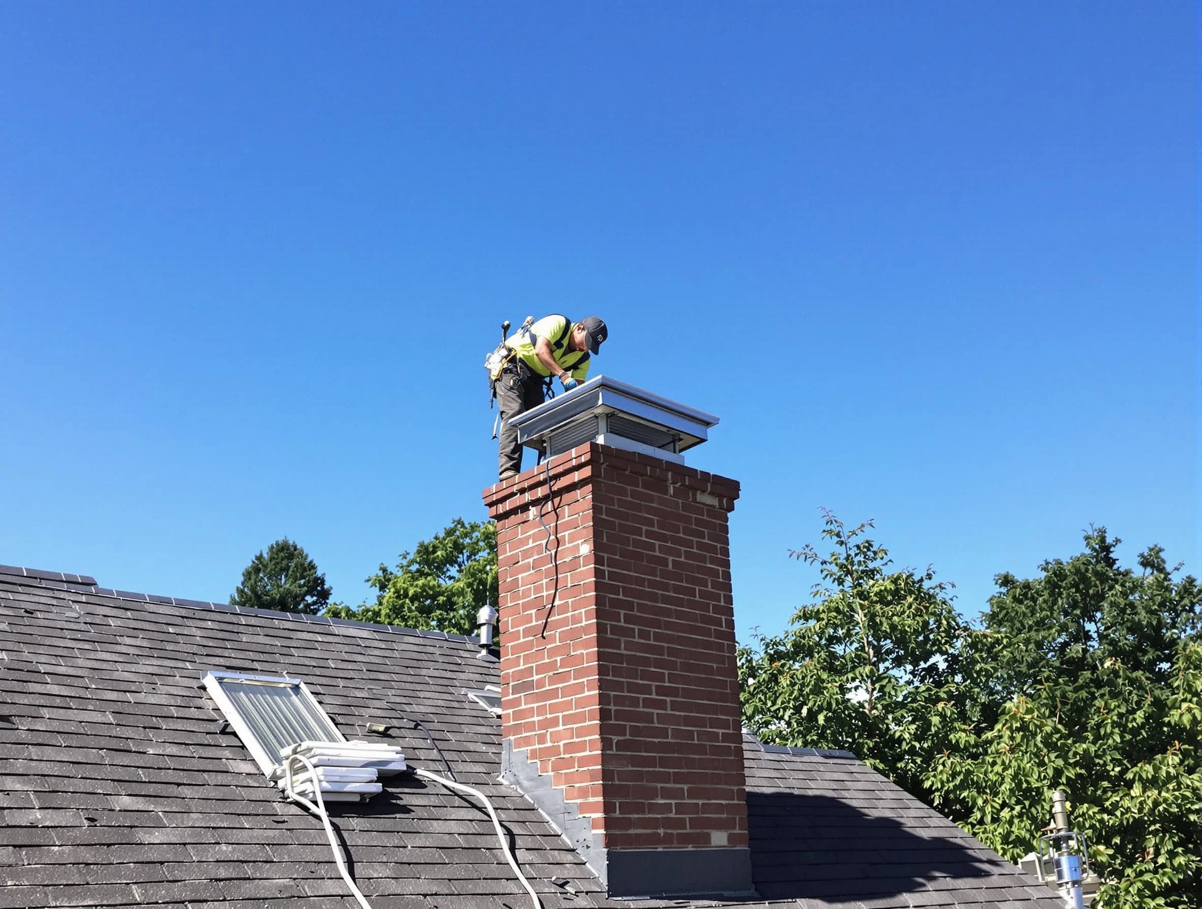 Berkeley Chimney Sweep technician measuring a chimney cap in Berkeley, NJ